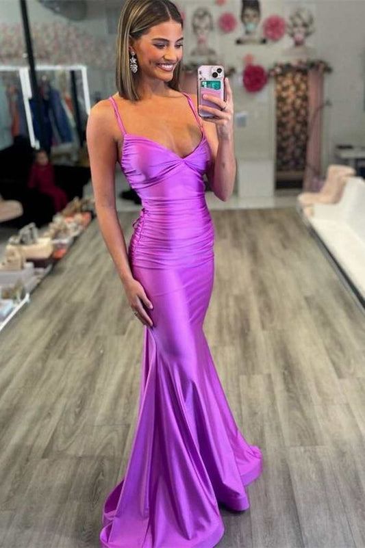 Spaghetti Straps Purple Mermaid Long Prom Dress
