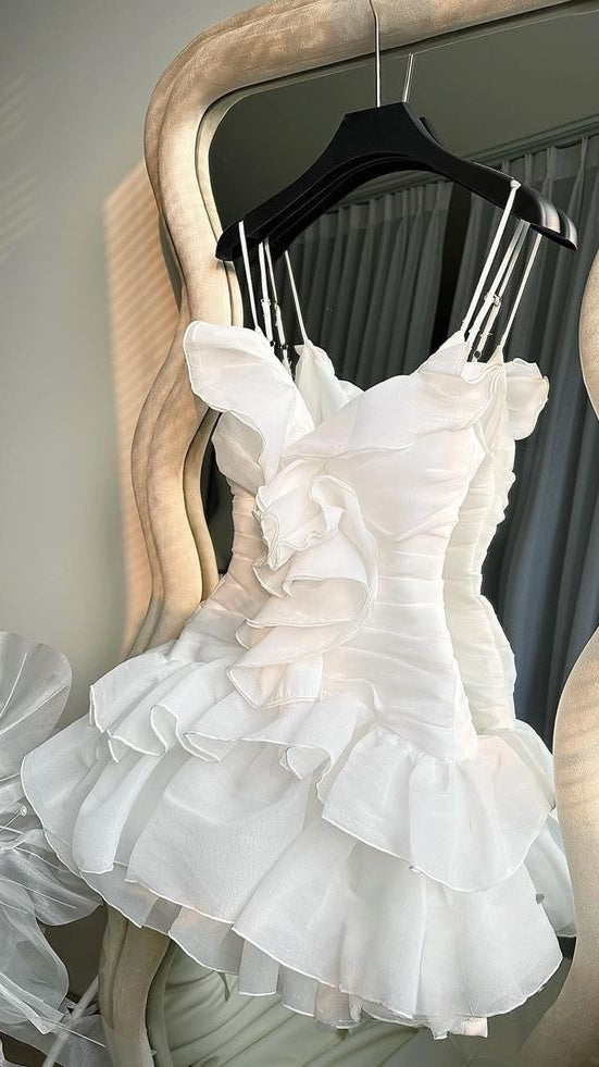 Spaghetti Straps V-neck Homecoming Dresses Ruffle Chiffon Mini Prom Party Dress,LTP3871