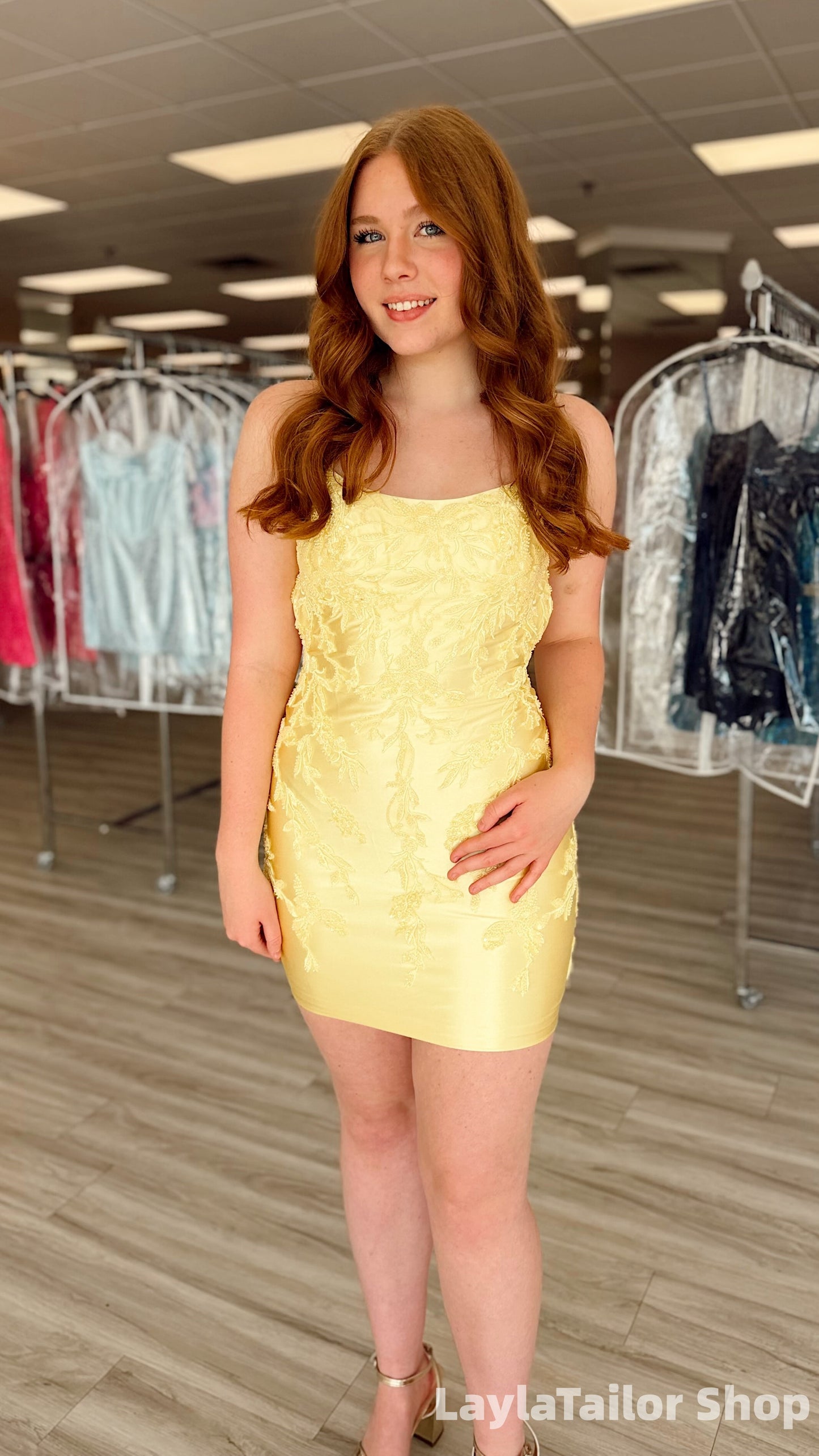 Spaghetti Straps Yellow Appliques Lace Mini Homecoming Dress LTP82674