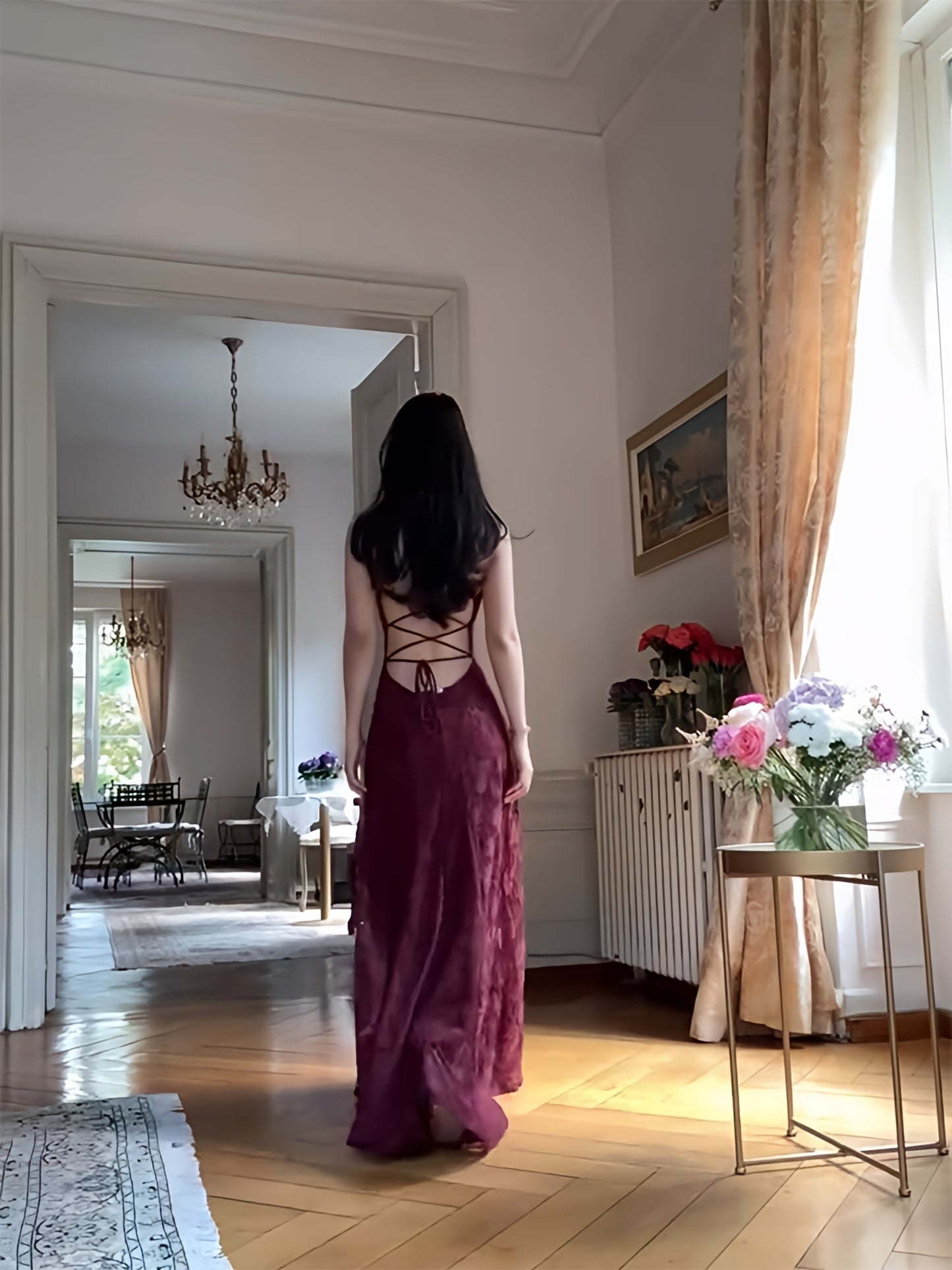 Spaghetti Straps Burgundy Lace Prom Dresses Sheath Formal Party Dress,LTP4137