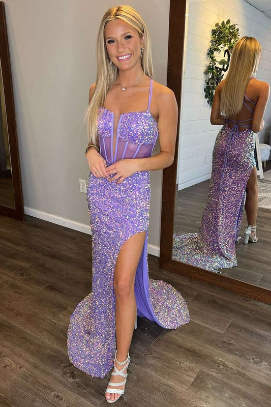 Sparkle Lilac Sequin Mermaid Long Prom Dress