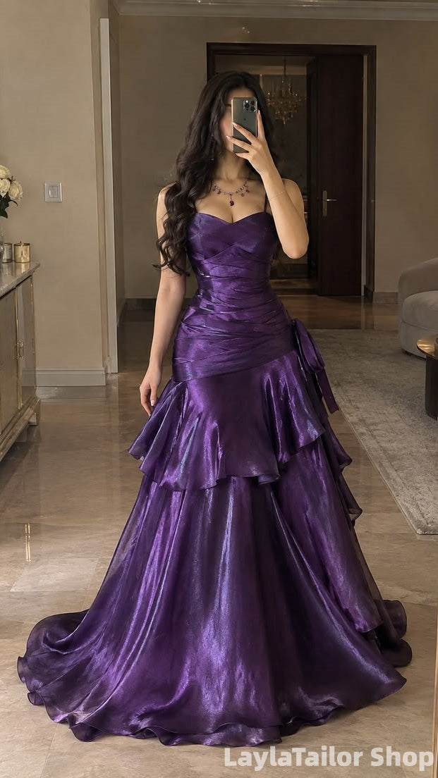 Sparkle Spaghetti Straps Purple Tiered Long Prom Dress Sleeveless Evening Gown, LTP82807