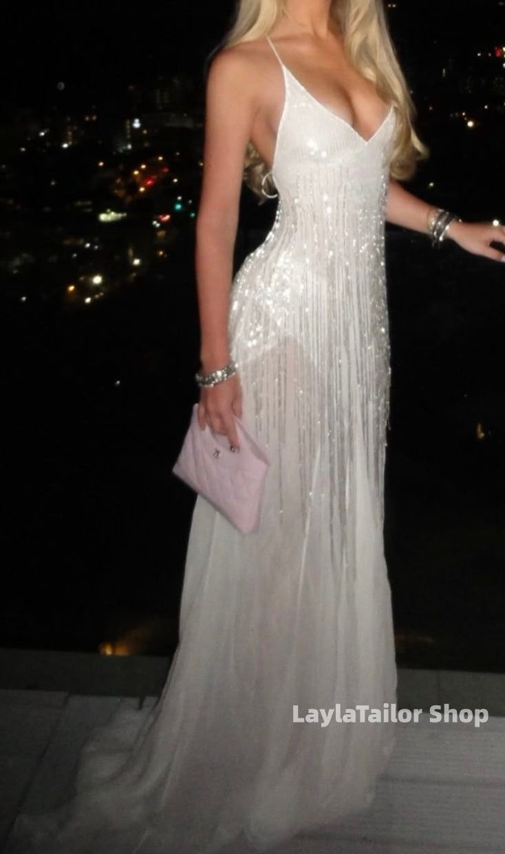Sparkle White V-neck Mermaid Prom Dresses Sexy Party DressLTP3612