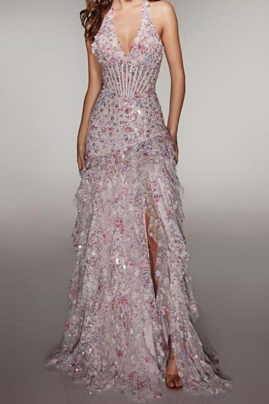 Sparkly Halter Sequin Prom Dress with Corset Bodice High Slit & Ruffle Skirt