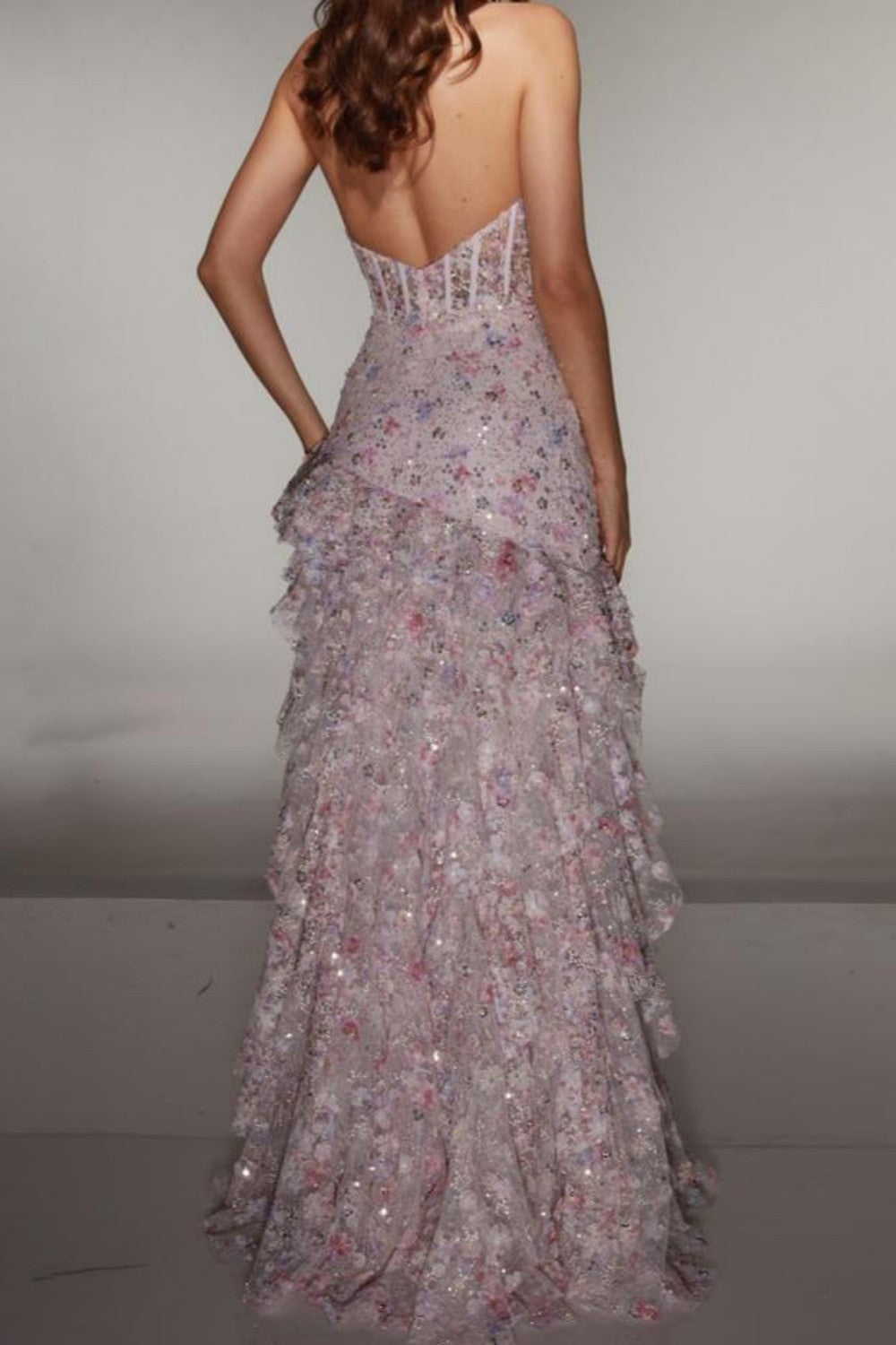 Sparkly Halter Sequin Prom Dress with Corset Bodice High Slit & Ruffle Skirt