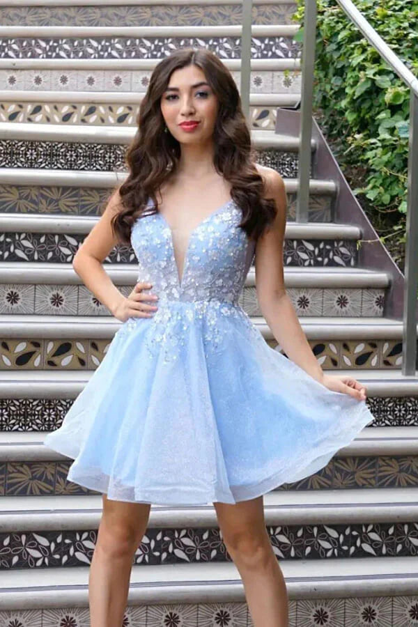 LTP1783 Light Blue A Line Homecoming Dresses V Neck Floral Hoco Dress