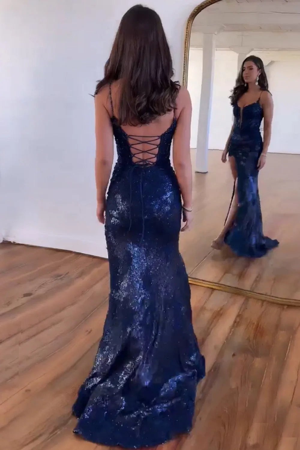 Sparkly Mermaid Prom Dress with Spaghetti Straps Lace Up Back Corset Bodice and Slit