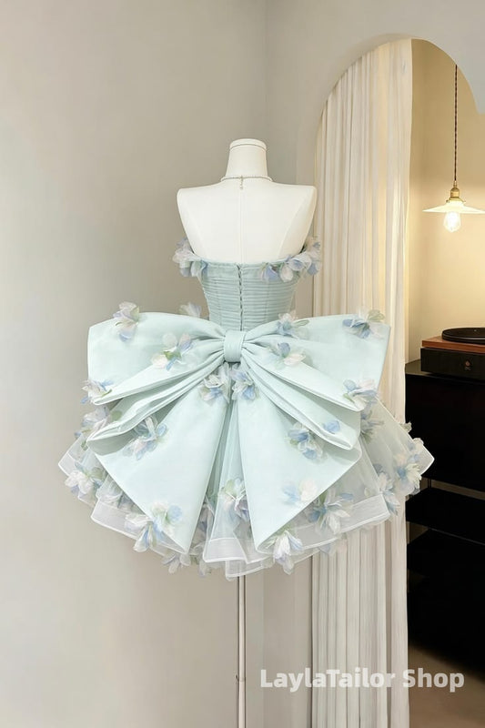 Spring Floral Strapless Tulle Homecoming Dresses With Bowknot