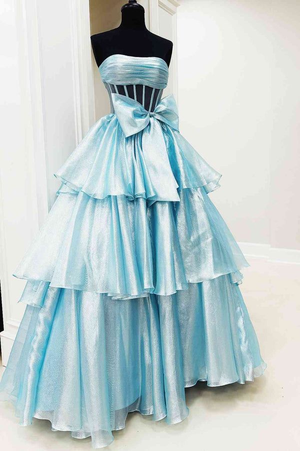 Strapless A-Line Organza Ruffle Prom Dress, Sleeveless Bowknot Evening Gown, LTP3721