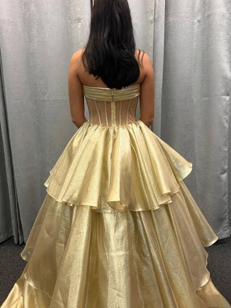 Strapless A-Line Organza Ruffle Prom Dress, Sleeveless Bowknot Evening Gown, LTP3721