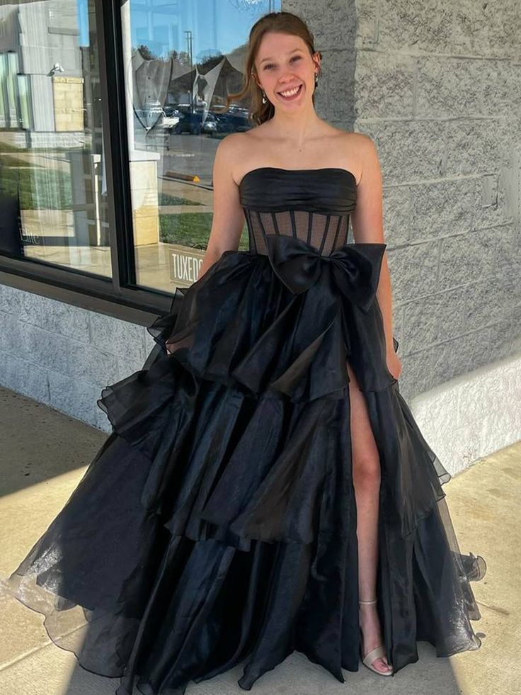 Strapless A-Line Organza Ruffle Prom Dress, Sleeveless Bowknot Evening Gown, LTP3721