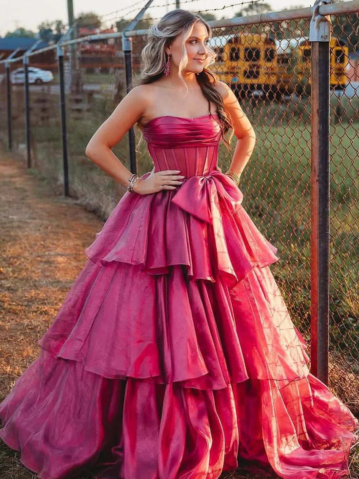 Strapless A-Line Organza Ruffle Prom Dress, Sleeveless Bowknot Evening Gown, LTP3721