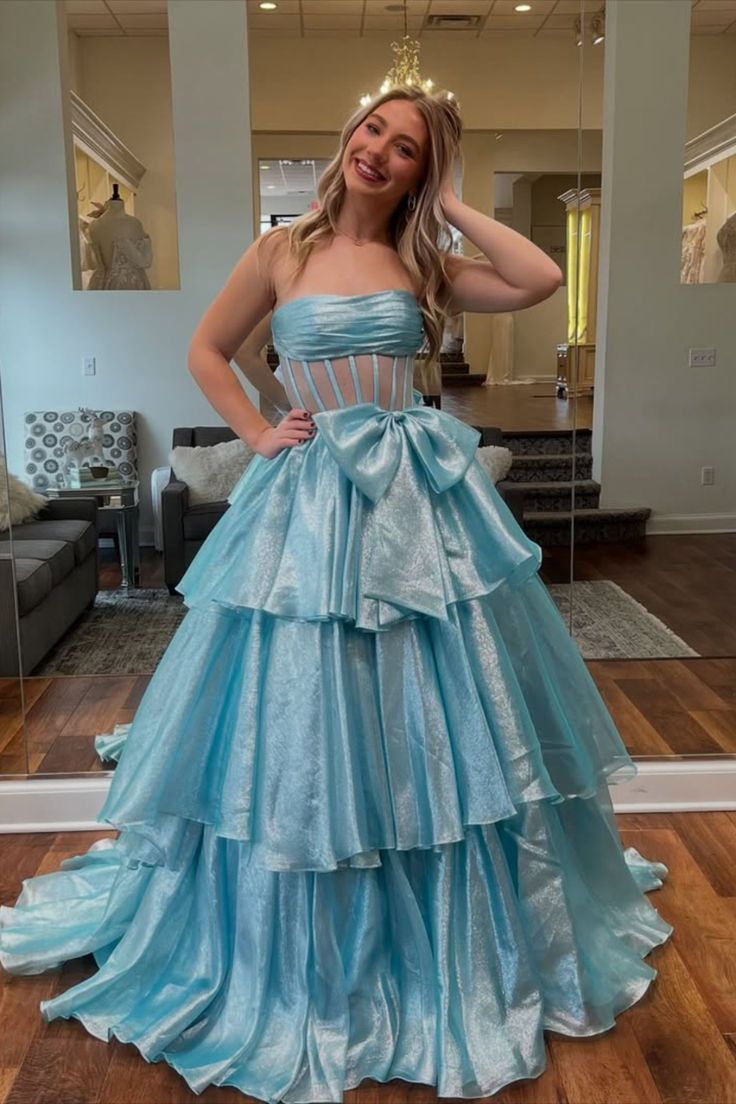 Strapless A-Line Organza Ruffle Prom Dress, Sleeveless Bowknot Evening Gown, LTP3721