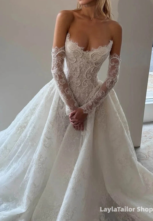 Strapless A-line Lace Pearl Beaded Wedding Gown Sleeveless Bridal Dress,LTP3687