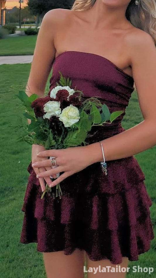 Strapless Burgundy Ruffle Homecoming Dresses Mini Party Gown