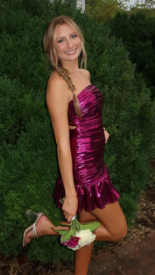 Strapless Fuchsia Pleated Homecoming Dresses Mini Prom Dresses, LTP3944