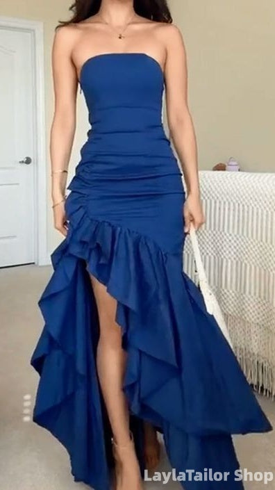 Strapless Mermaid Burgundy/Blue Ruffle Formal Party Dress LTP82600