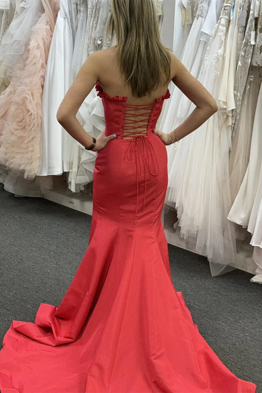 Strapless Mermaid Satin Prom Dresses Long Evening Party Dress With Slit,LTP4106