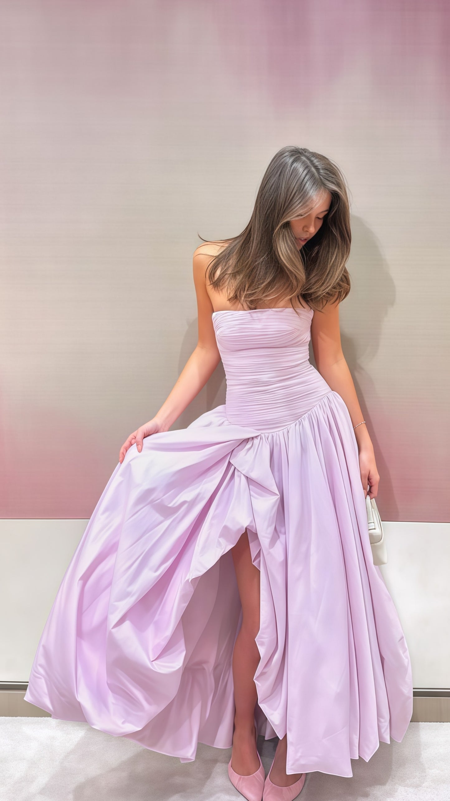 Strapless Pleated A-Line Prom Dress, Split Lilac Evening Dress, LTP3654