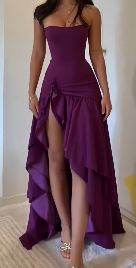 Strapless Purple Long Prom Dresses Ruffle Party Dress Dance Gown With Slit,LTP3965