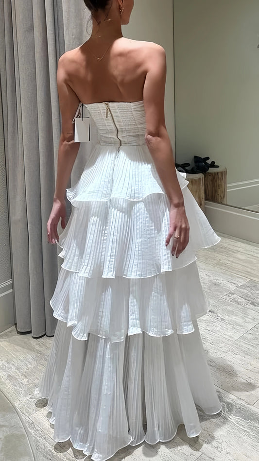 Strapless Ruffle White Prom Dresses Full Length Sleeveless Evening Party Dress,LTP4424