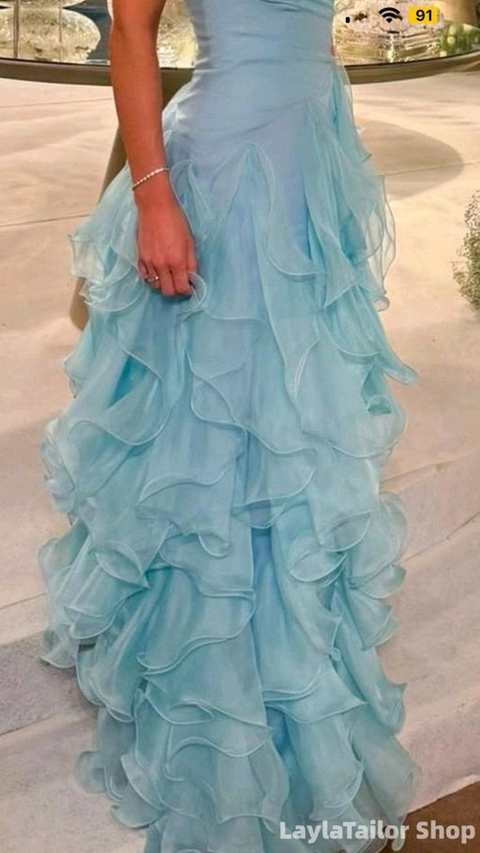 Strapless Sky Blue Pleated Ruffle Prom Dresses Long Evening Dress, LTP82769