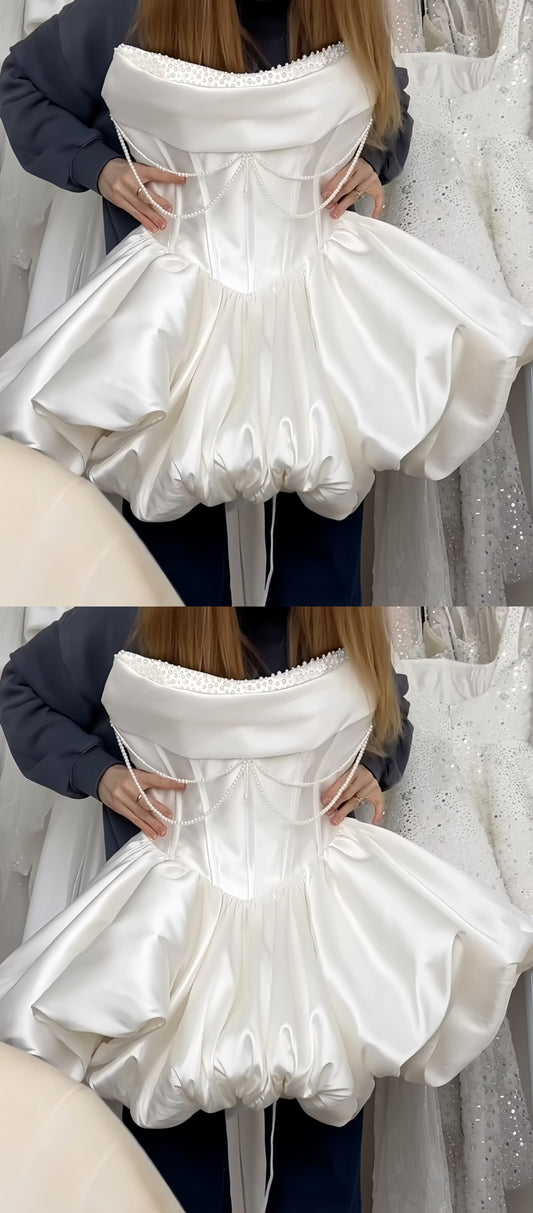 Strapless White Pearl Beaded Homecoming Dresses Short Wedding Gown, LTP3783