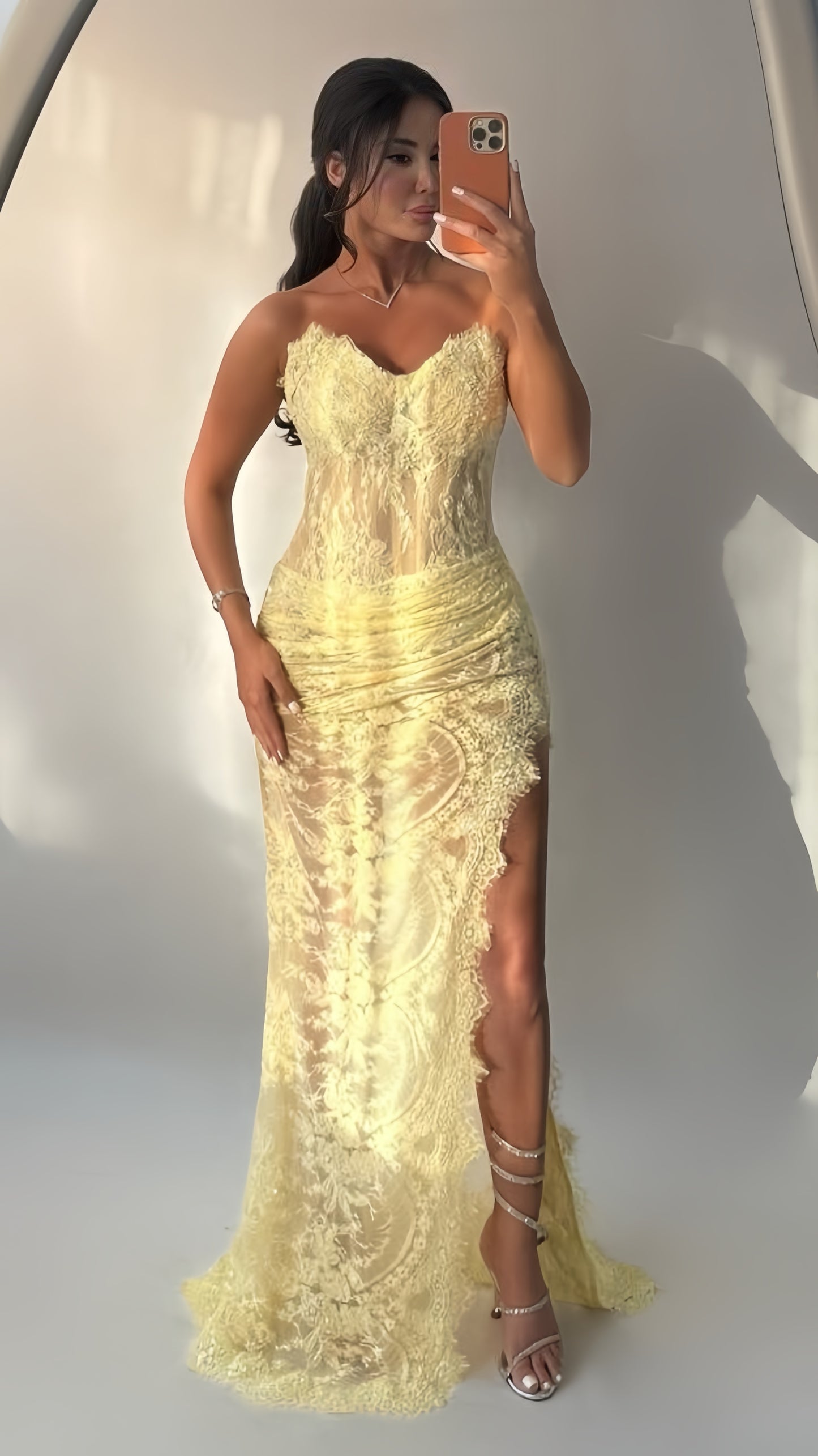 Strapless Yellow Lace Sequin High Slit Pleated Prom Gown Long Mermaid Party Dress ,LTP4075