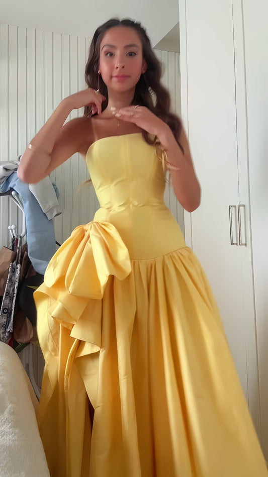 Strapless Yellow Satin A-line Prom Dresses Side Slit Party Formal Outfits,LTP4342