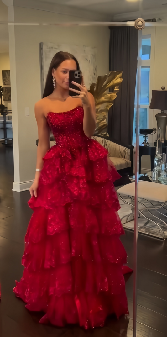 Strapless Applique Long Prom Dress Tulle Party Dresses, LTP3458