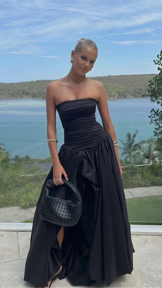 Strapless Black Pleated A-Line Prom Dress With Side Slit,LTP3542