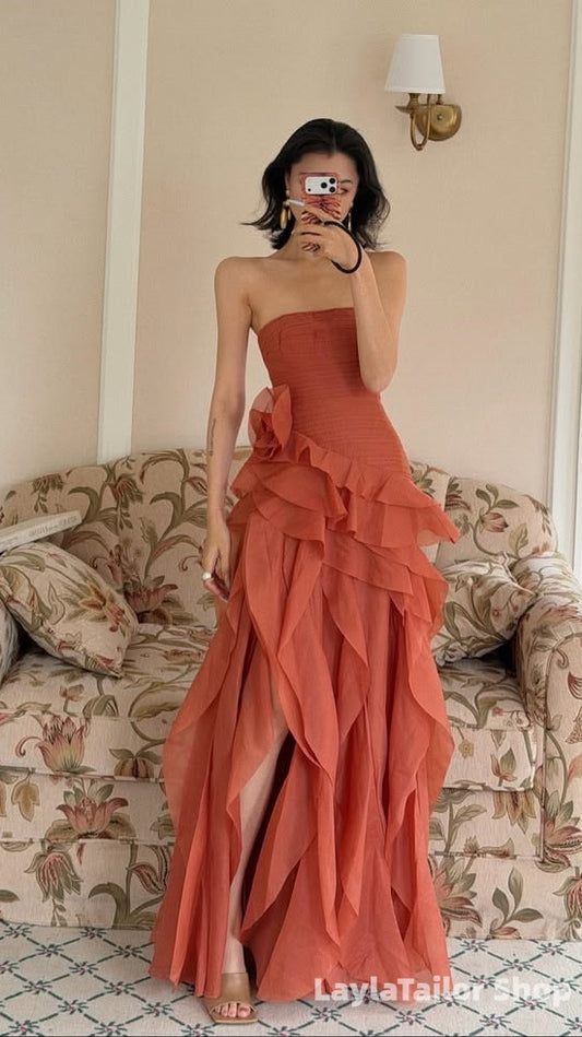 Strapless Nude Orange Pleated Ruffle Prom Dresses Long Evening Dress, LTP82768