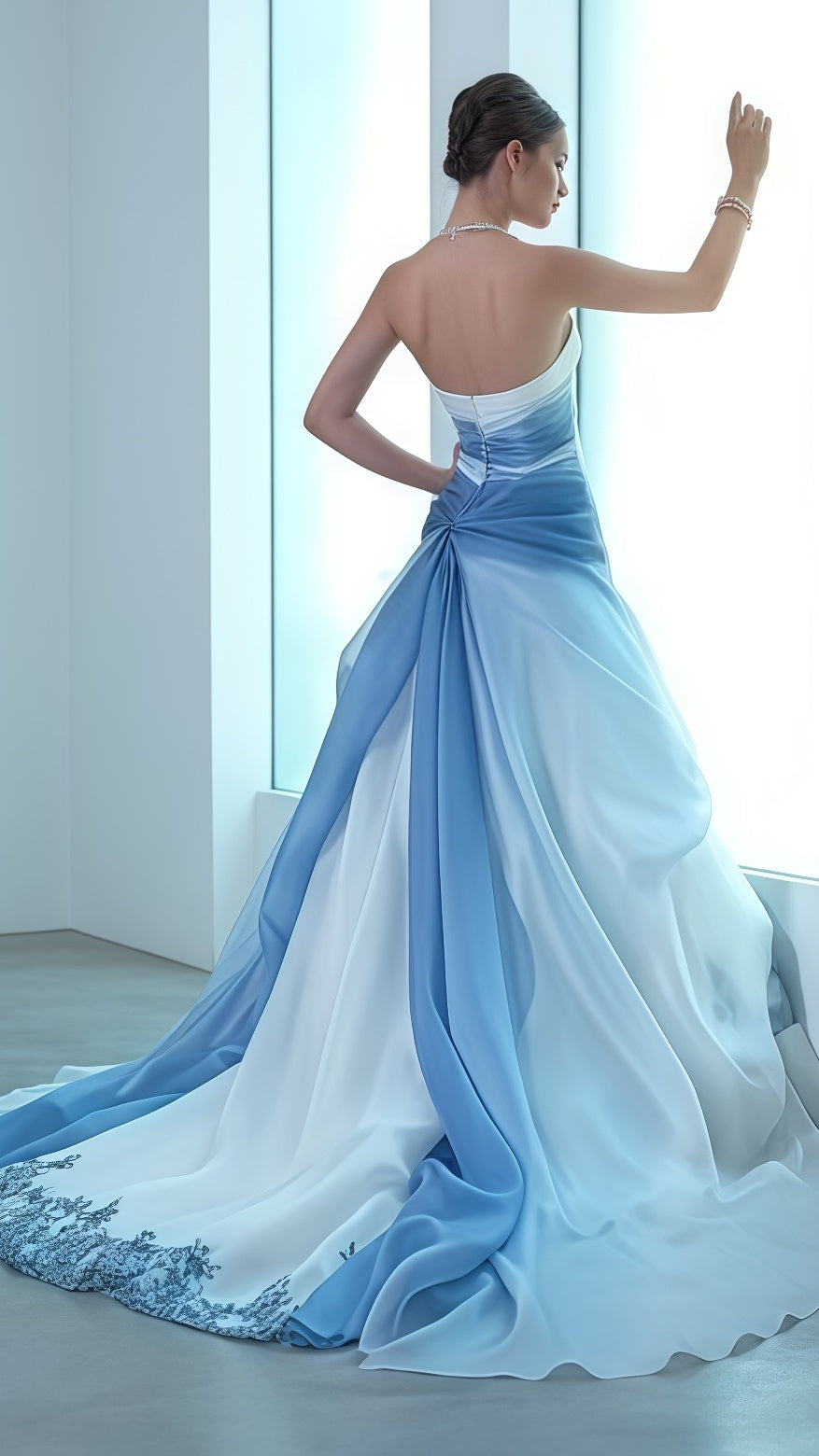 Strapless White Blue Chiffon Tulle Long Prom Dress,LTP3547
