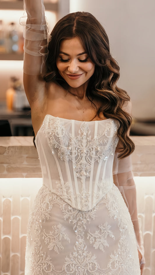 Strapless White Lace Wedding Dresses Short Lace Dress Wedding Reception Dress, LTP3418