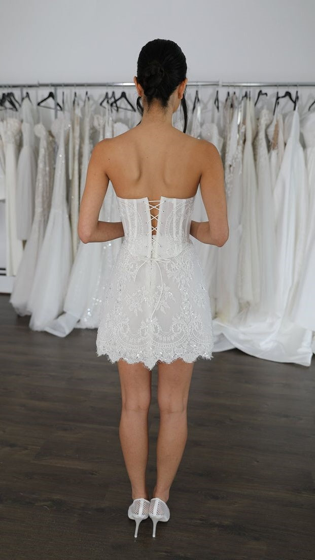 Strapless White Lace Wedding Dresses Short Lace Dress Wedding Reception Dress, LTP3418