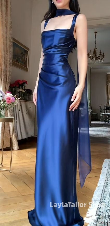 Straps Bodycon Pleated Long Prom Dresses Satin Evening Party Dress,LTP4558