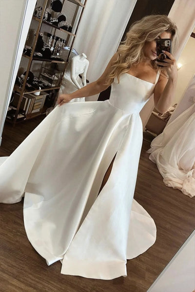 White Thick Straps Satin A Line Midi Wedding Dress