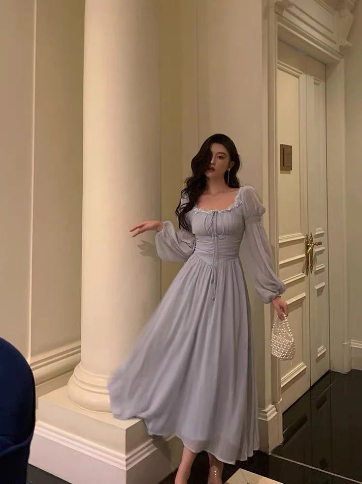 Stunning A line Square Neckline Long Sleeves Chiffon Blue Date Night Dress Prom Dresses Birthday Party Outfit, LTP3578