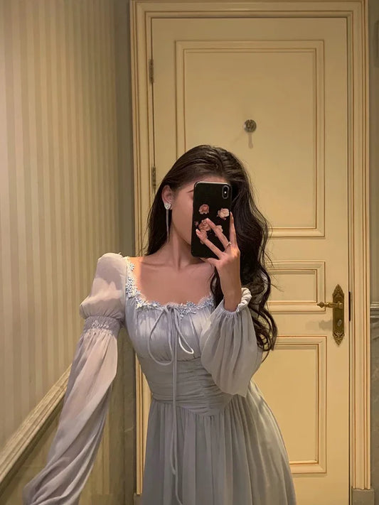 Stunning A line Square Neckline Long Sleeves Chiffon Blue Date Night Dress Prom Dresses Birthday Party Outfit, LTP3578