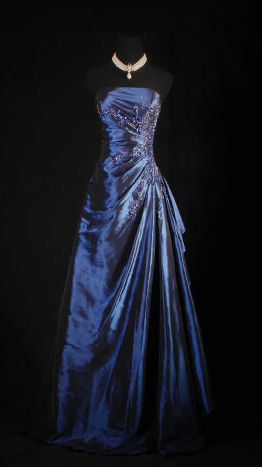 Stunning Blue Beaded Prom Dress - Strapless Long Evening Formal Gown
