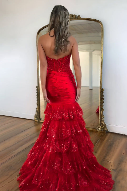 Stunning Satin Mermaid Prom Dress with Strapless Design and Tiered Sequin Ruffle Details