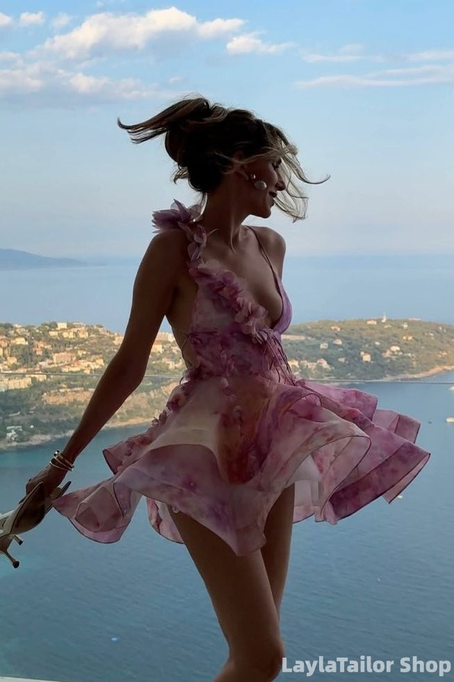 Summer Floral Homecoming Dress V-Neck Ruffle Hoco Dresses