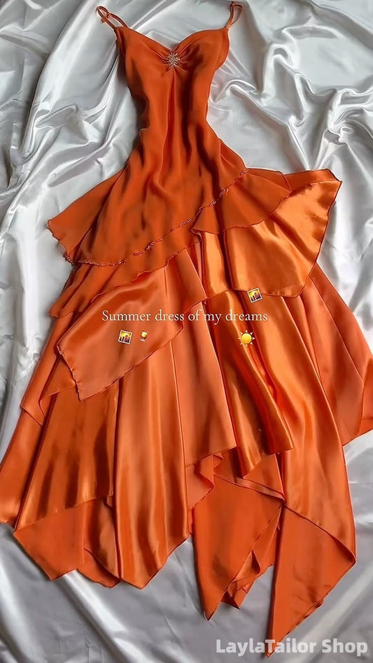 Sunset Ruffle Vintage Prom Dresses Spaghetti Straps V-Neck Party Gown LTP82758