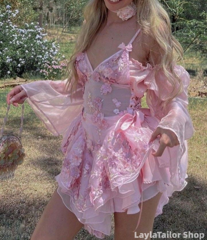 Sweet Off The Shoulder Pink Organza 3D Floral Homecoming Dress
