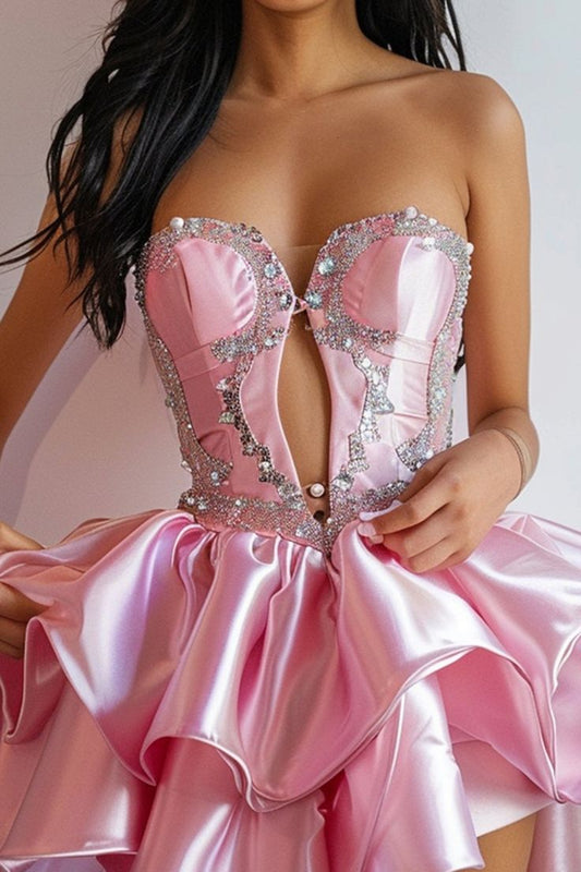 Sweet Pink Beaded Homecoming Dresses Sexy Ruffle Graduation Dress,LTP3837