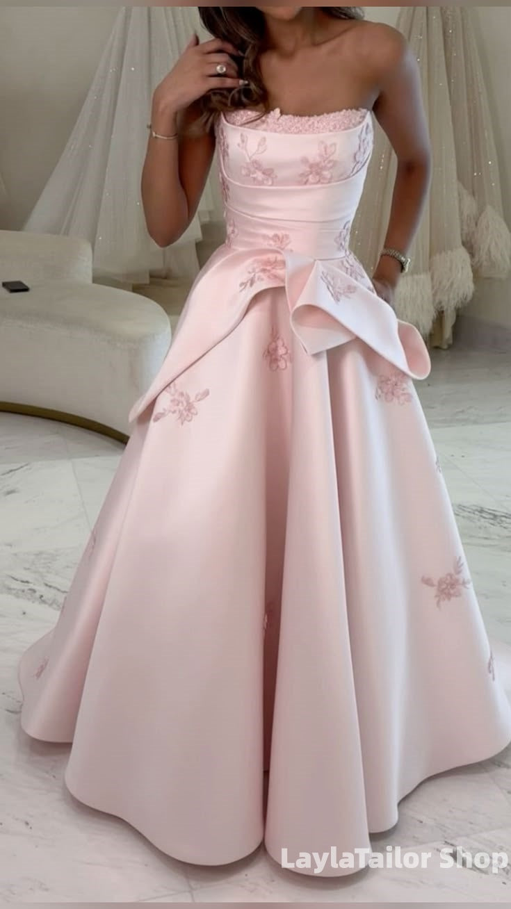 Sweet Pink Strapless Floral Evening Prom Dresses Satin Appliques Formal Dress,LTP3705