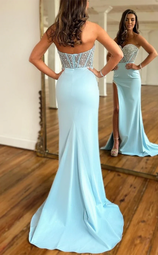 Sweetheart Beaded Bodycon Mermaid Prom Dresses With Side Slit