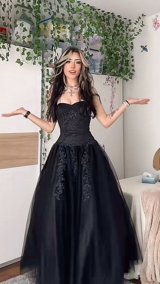 Sweetheart Black A-line Evening Prom Dresses Appliques Beaded Formal Gown,LTP4471