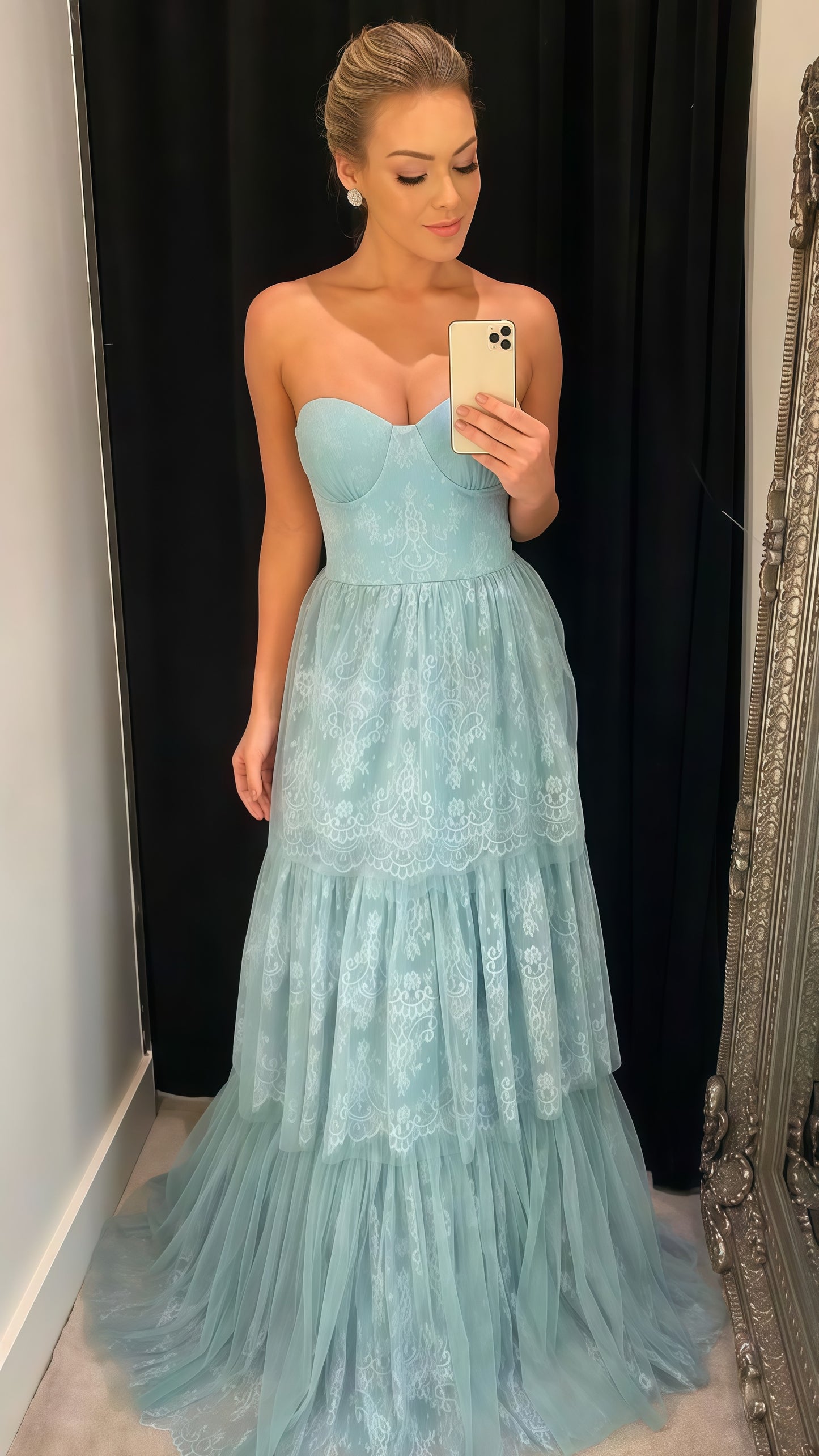 Sweetheart Blue Lace Prom Dress, Ruffle Long Evening Dress,LTP3566