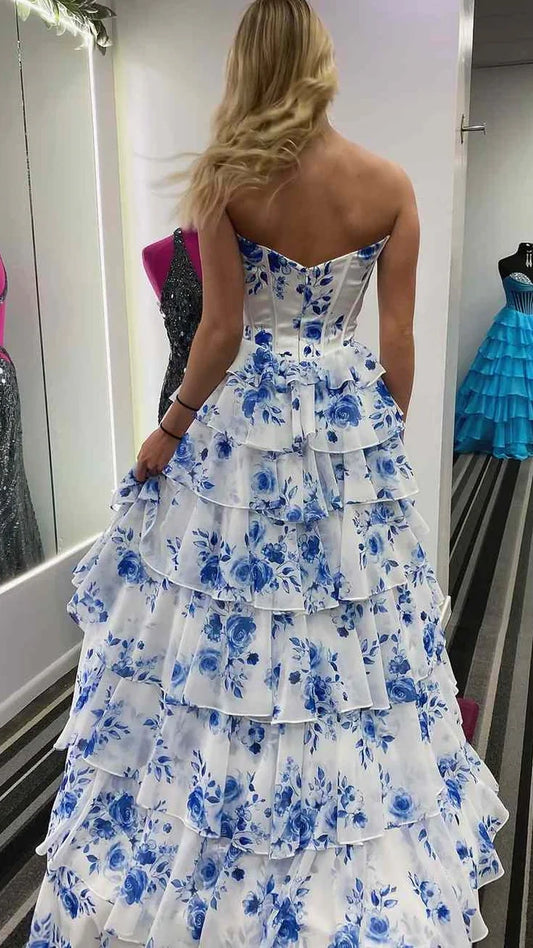 Sweetheart Blue White Floral Chiffon Ruffle Prom Dress Long Evening Party Dress, LTP3655